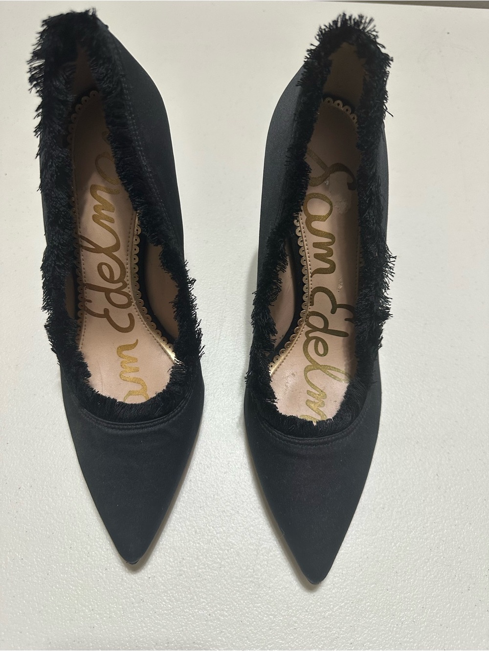 Sam Edelman Black Pointed-Toe Pumps with Fringe Trim
